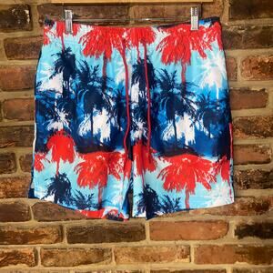George Red White Blue Palm Tree Swim Bathing Suit Shorts Bottoms Size Medium